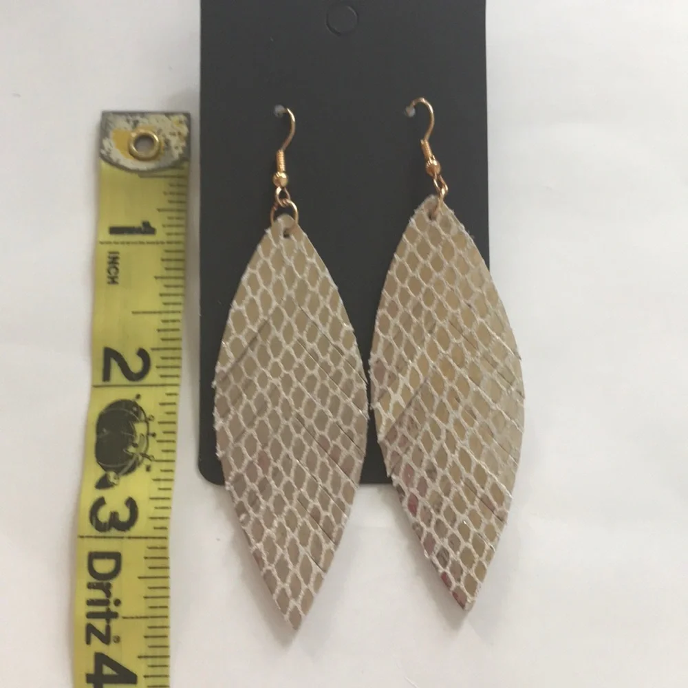 Gold Fringed Faux Leather Dangle Earrings - Picture 5 of 5
